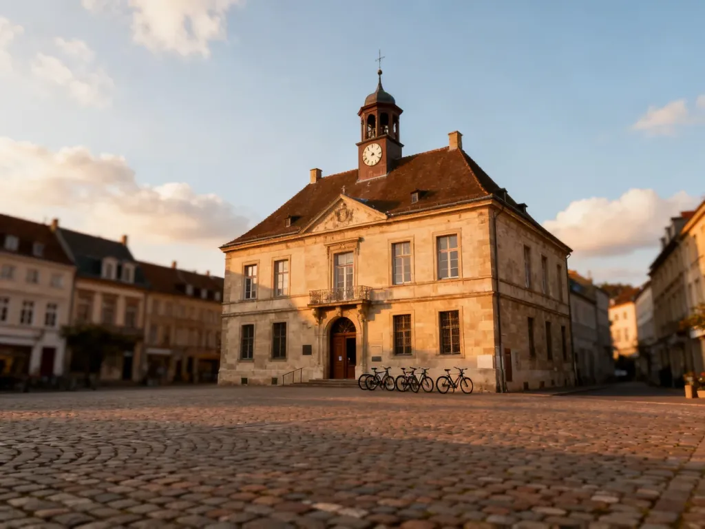 Stary ratusz Podgórza na brukowanym rynku w ciepłym popołudniowym świetle, z wieżą zegarową i rowerami przy wejściu.