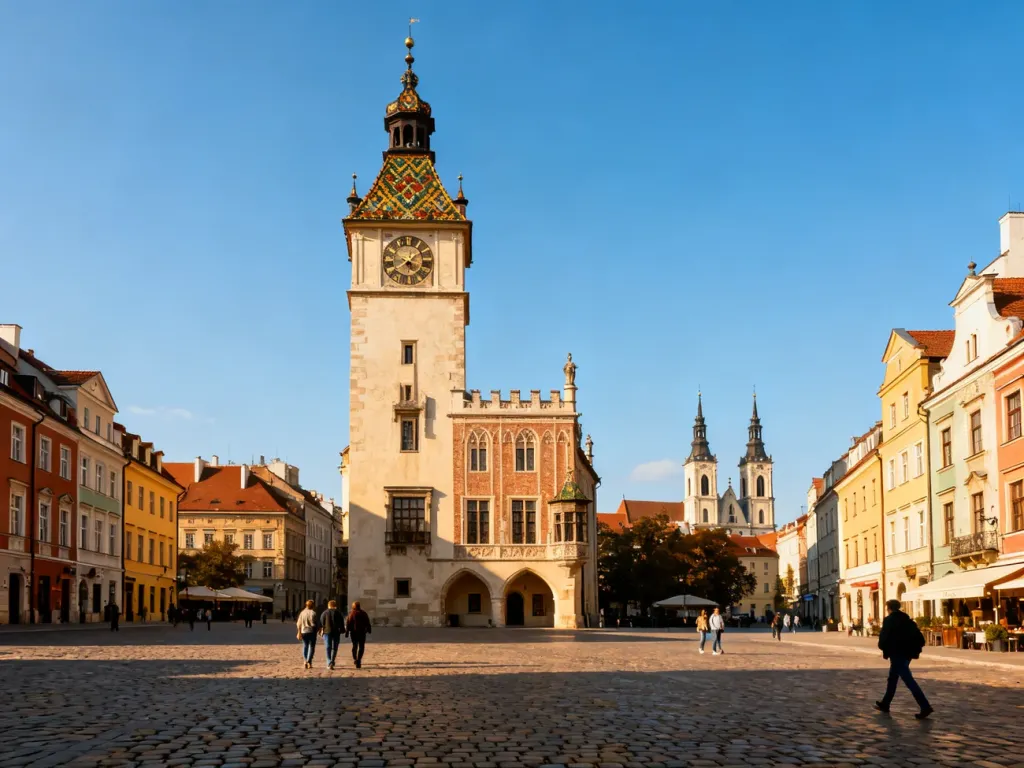 Słoneczny Rynek w Krakowie z wieżą ratusza kazimierskiego, otoczony kolorowymi kamienicami i spacerującymi turystami.