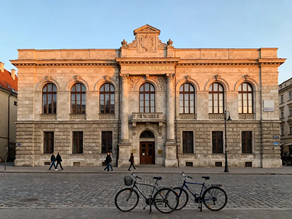 Historyczny gmach banku PKO w Krakowie w ciepłym popołudniowym świetle, z przechodniami i rowerami na brukowanej ulicy