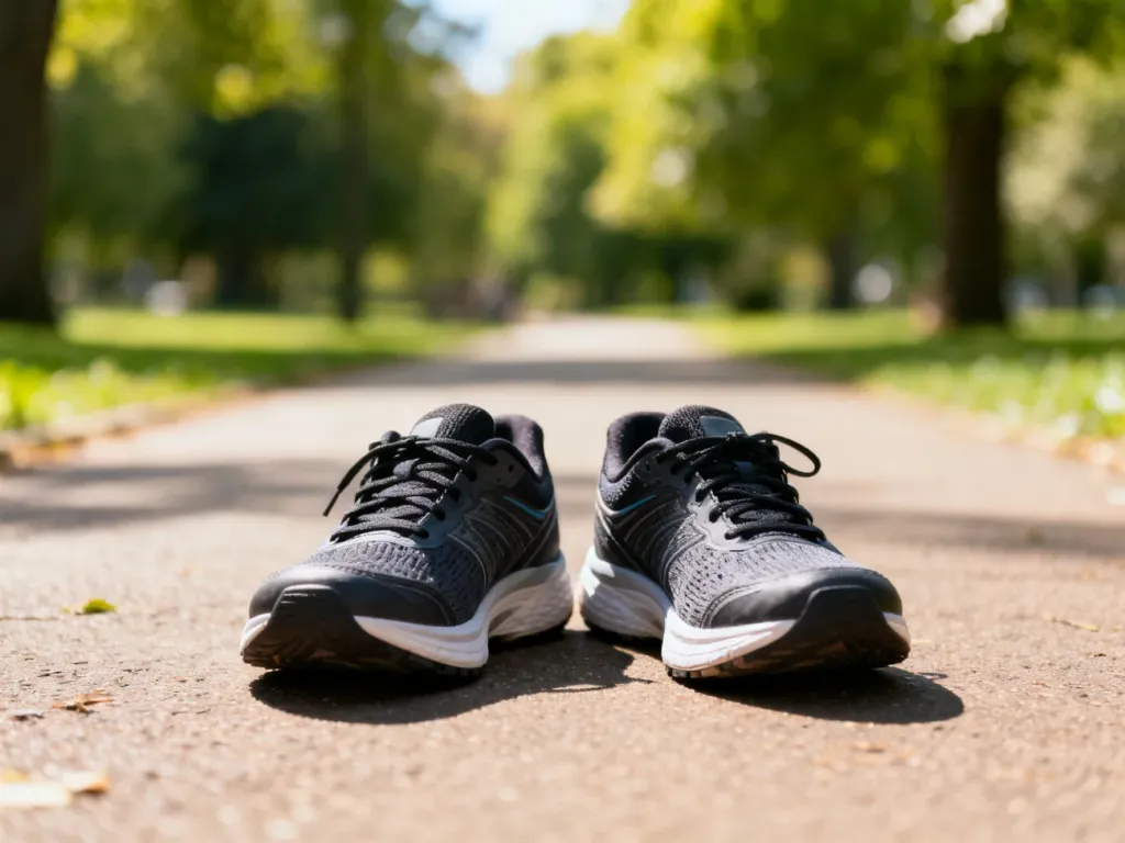 Sportowe buty na ścieżce w parku, zachęcające do spacerów i aktywności fizycznej.