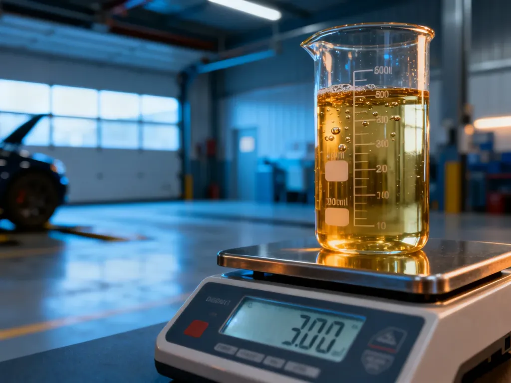 Szklany cylinder z olejem napędowym na wadze laboratoryjnej w profesjonalnym warsztacie.