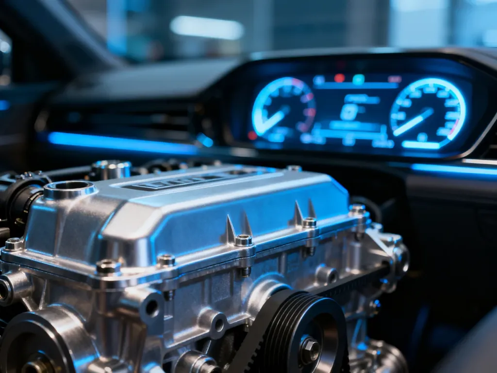 Nowoczesny blok silnika samochodowego na tle cyfrowego wskaźnika mocy, podkreślający zaawansowaną technologię motoryzacyjną.