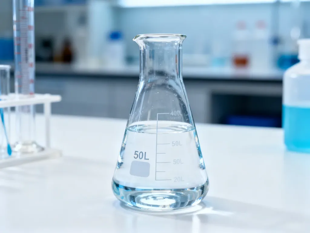 Szklany dzbanek z 50 litrami wody na laboratoryjnym stole, ilustrujący przelicznik jednostek objętości.