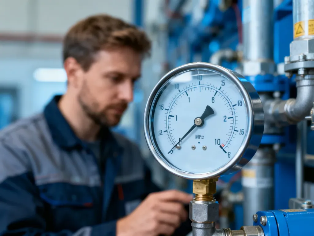 Przemysłowy manometr z wyraźną tarczą, w tle rozmyty pracownik techniczny sprawdzający instalację.