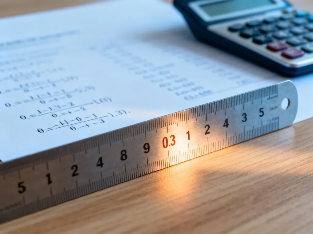 Metalowa linijka na drewnianym biurku z wyraźnie zaznaczonym punktem 0,3 cala, obok kalkulatora i wzorów matematycznych.