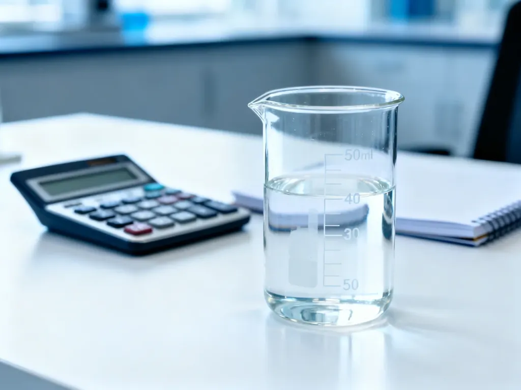 Szklany cylinder miarowy z 50 ml przezroczystego płynu na laboratoryjnym stole, ilustrujący przelicznik objętości.