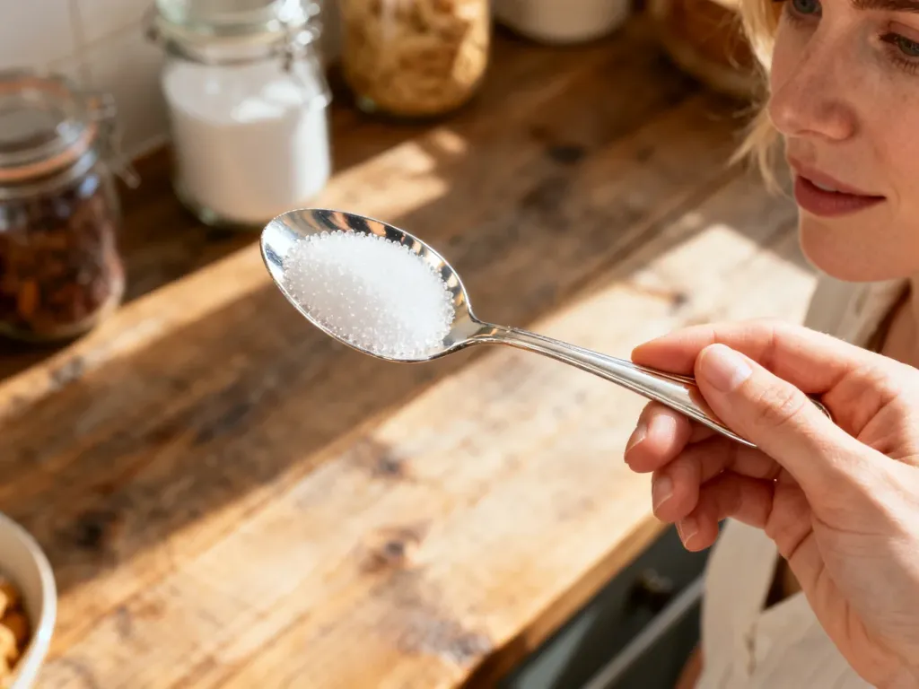 Srebrna łyżeczka wypełniona cukrem, obrazująca standardową miarę kuchenną używaną w przepisach.